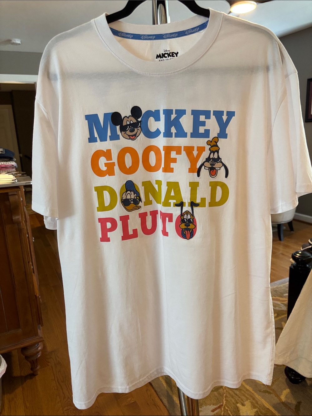 Disney White Tee with Colorful Mickey, Goofy, Donald & Pluto Letter Art